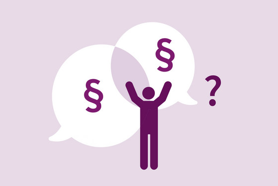 Grafik von einer Person und Sprechblasen mit einem Fragezeichen und Paragraphen Symbolen