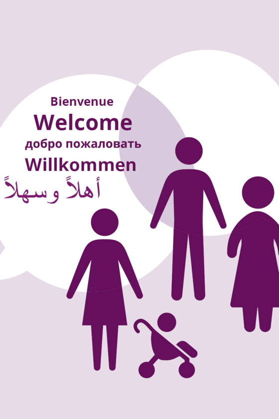 Illustration 3 Personen und Kind vor Sprechblasen Inschrift in verschiedenen Sprachen