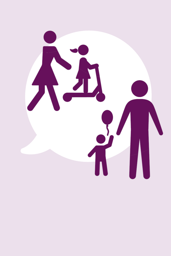 Illustration Familie mit zwei Kindern vor einer Sprechblase