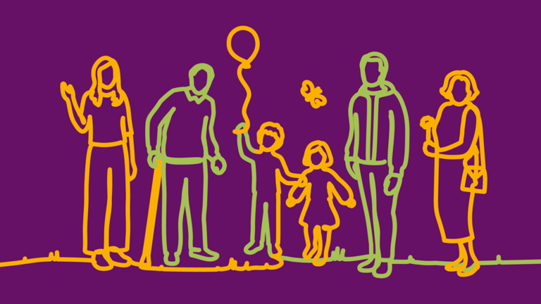 Bändergrafik einer Familie mit Luftballon auf lila Hintergrund zum Tag der offenen Tür in der Immanuel Beratung Zehdenick