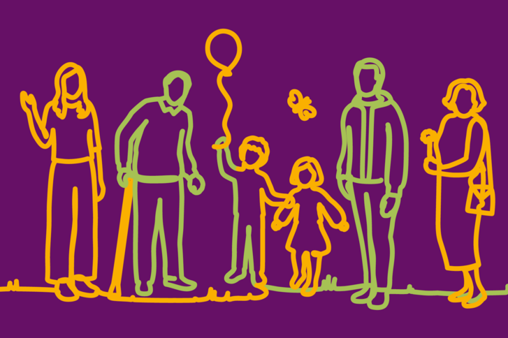 Bändergrafik einer Familie mit Luftballon auf lila Hintergrund zum Tag der offenen Tür in der Immanuel Beratung Zehdenick