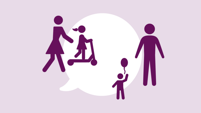 Illustration Familie mit zwei Kindern und Sprechblase