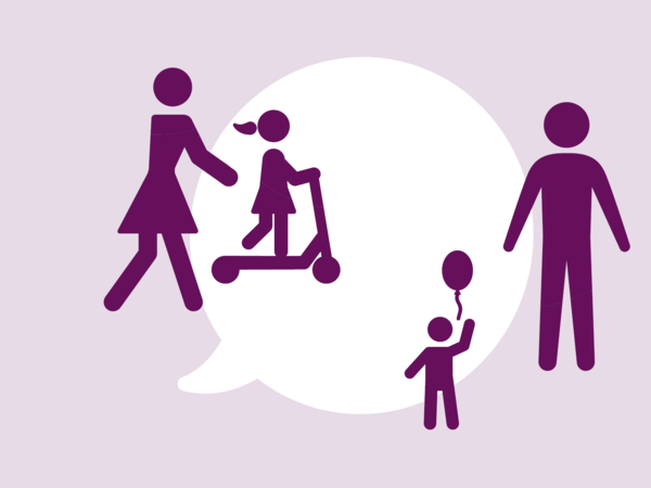 Illustration Familie mit zwei Kindern vor einer Sprechblase