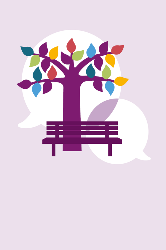 Illustration Baum mit bunten Blättern und Bank vor Sprechblasen