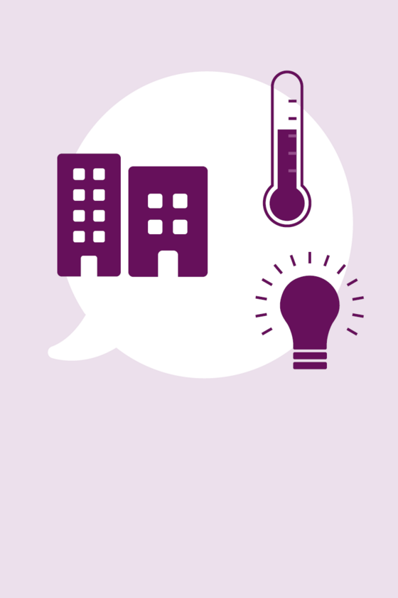 Illustration Häuser, Glühbirne und Thermometer vor einer Sprechblase