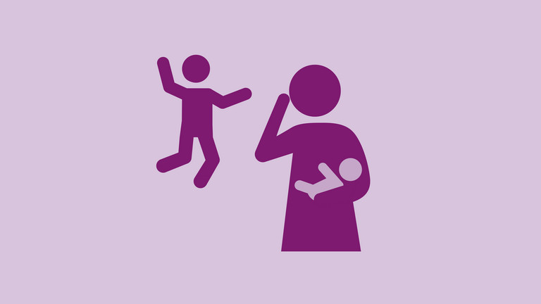 Grafik Person mit Baby im Arm fasst sich an den Kopf und spielendes Kind