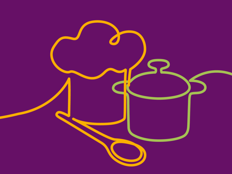 Grafik von Kochlöffel, Kochmütze und Topf