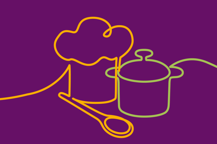 Grafik einer Kochmütze, eines Löffels und eines Topfes