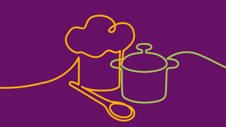 Grafik einer Kochmütze, eines Löffels und eines Topfes