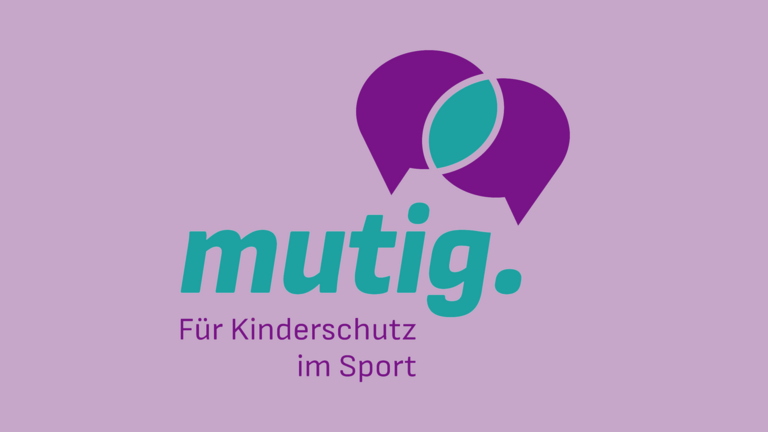 Logo des Netzwerkes mutig. Für Kinderschutz im Sport auf hellem lila Hintergrund Logo des Netzwerkes mutig. Für Kinderschutz im Sport auf hellem lila Hintergrund