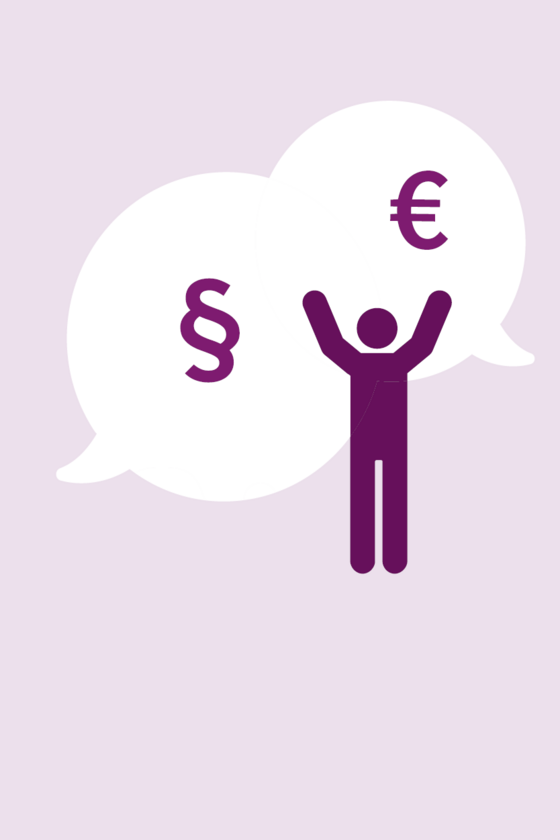 Illustration Person und Sprechblasen mit Eurozeichen und Paragrafzeichen