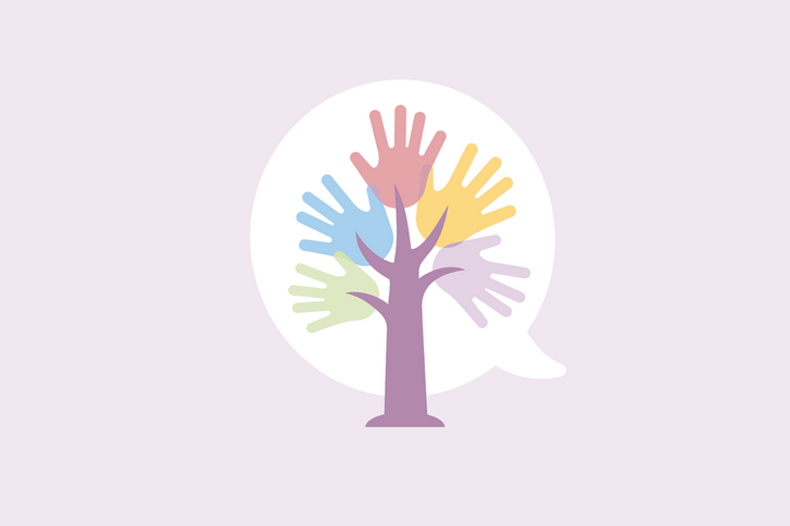 Illustration einer Sprechblase mit mehreren bunten Händen als Zweige eines Baumes als Symbolbild für das Gruppenangebot Kleine Reise zum Selbst(-vertrauen) - stärkende Gruppe für Mädchen der Immanuel Beratung Reinickendorf am Standort Franz-Neumann Platz in Berlin.