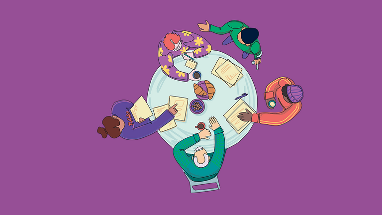 Illustration mit Blick von oben auf fünf Personen um einen Tisch mit Unterlagen, einer Kaffeetassen, Notizblöcken und Croissants zur Veranstaltungsreihe "Wie geht’s dir im Kiez?" der Immanuel Beratung Reinickendorf für eine gute Kiez-Kultur und Nachbarschaft