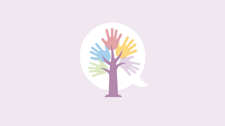 Illustration einer Sprechblase mit mehreren bunten Händen als Zweige eines Baumes als Symbolbild für das Gruppenangebot Kleine Reise zum Selbst(-vertrauen) - stärkende Gruppe für Mädchen der Immanuel Beratung Reinickendorf am Standort Franz-Neumann Platz in Berlin.